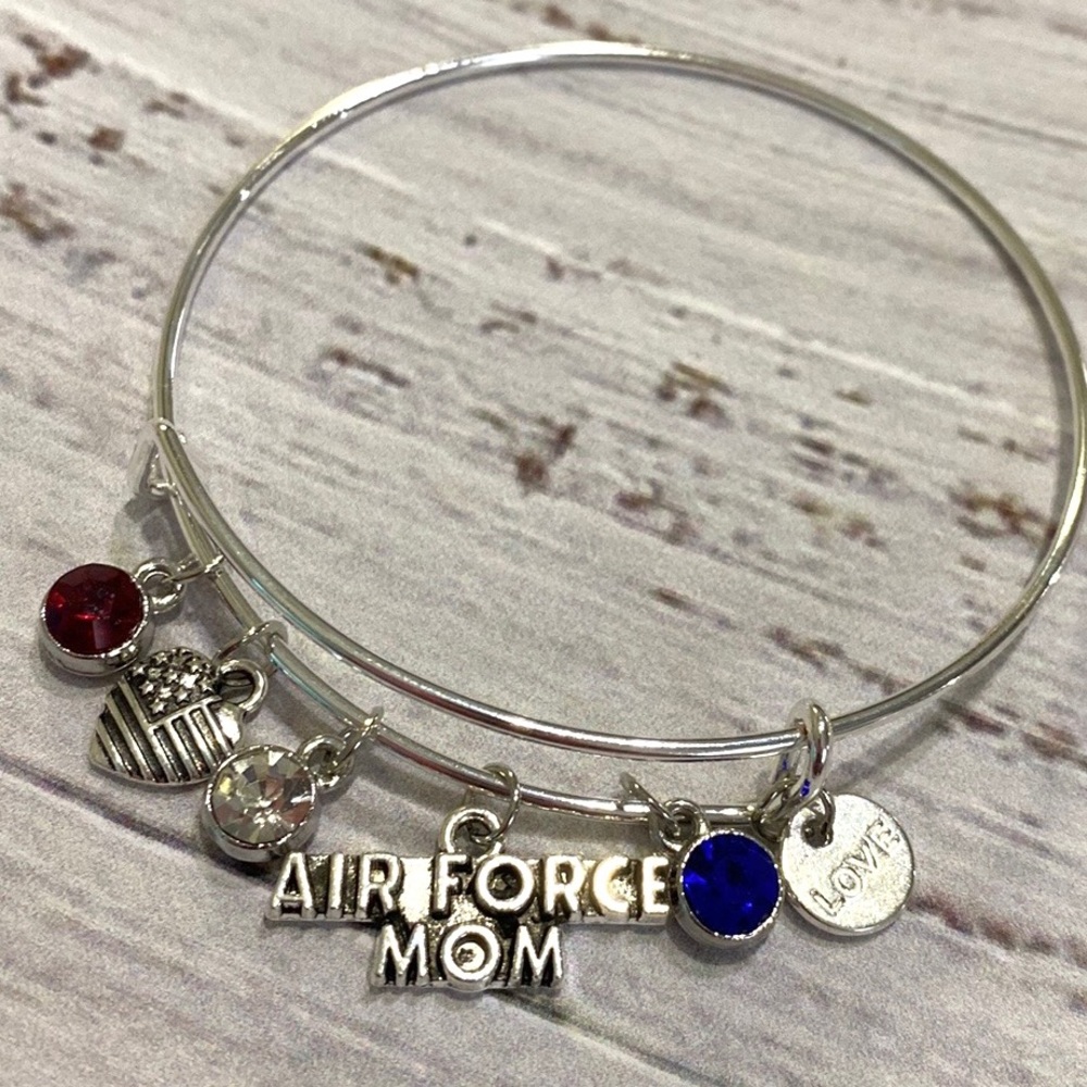 US Air Force Mom Bangle Bracelet Military Charms Crystal Stones
